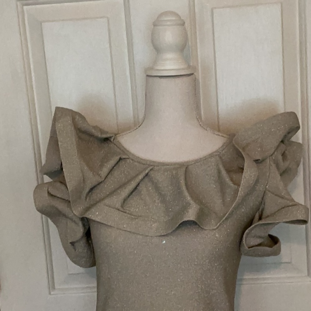 NWOT Gracia Silver Metallic Ruffled Shoulder Top - Picture 3 of 10